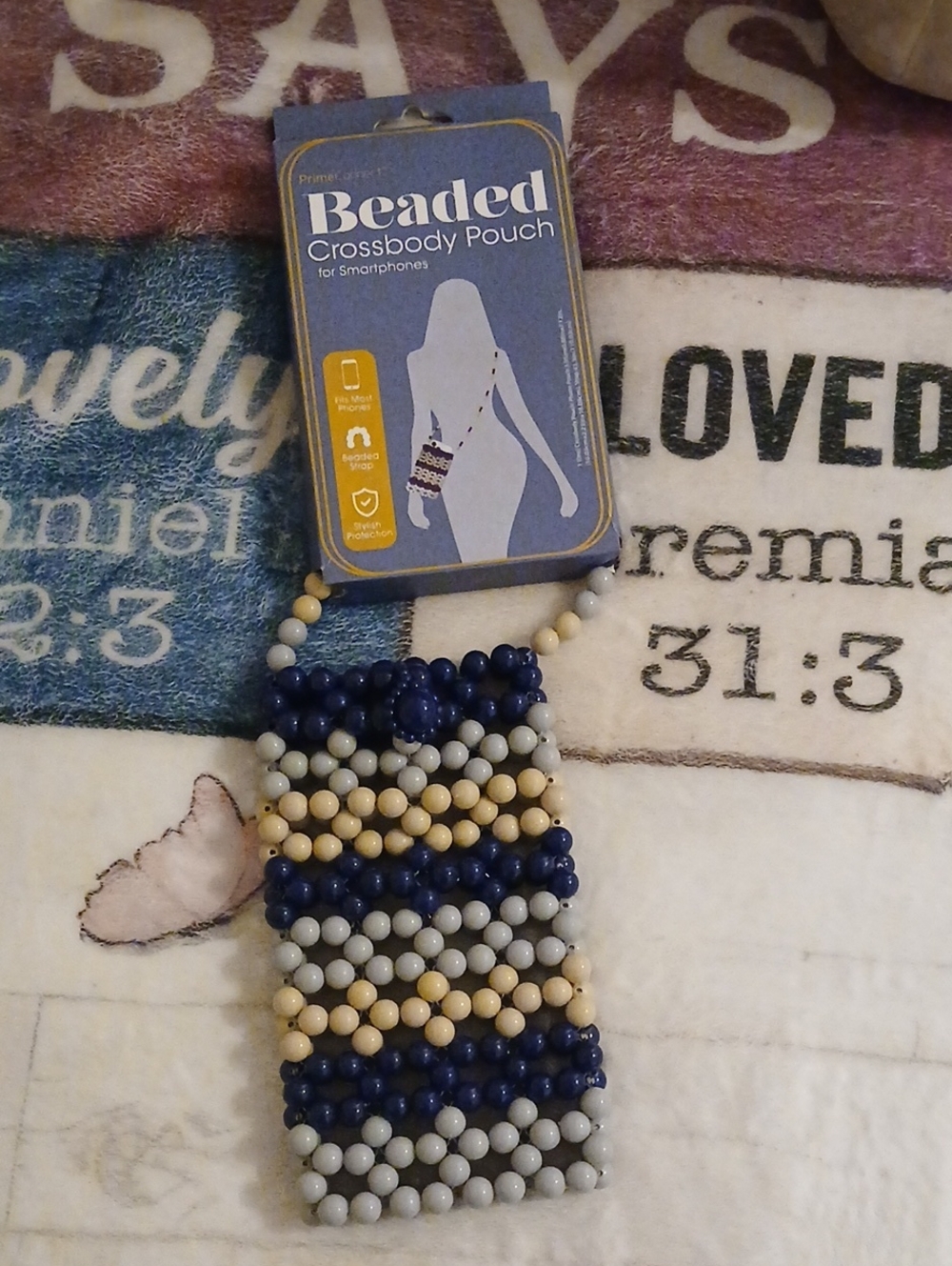 🐞PrimeConnect Navy/Light Blue/Cream/Tan Beaded Phone Crossbody Pouch 💙
